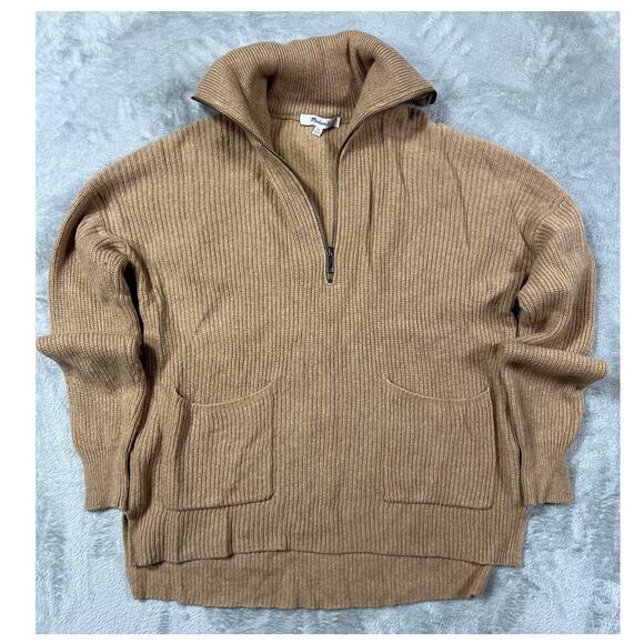 Madewell Merino Wool Quarter Zip Boxy Sweater Womens XS Tan Brown Rib Knit - Picture 2 of 8